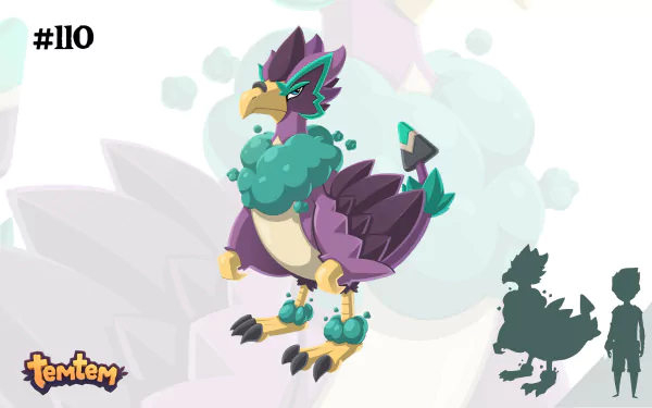 HD desktop wallpaper featuring Temtem #110, a colorful bird-like creature, as part of a vibrant Temtem-themed background design.