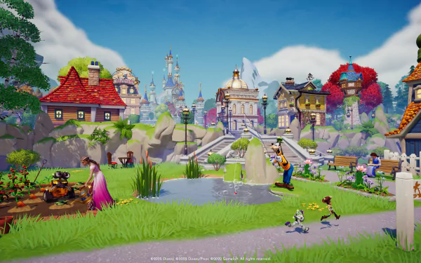 HD wallpaper featuring Disney Dreamlight Valley with colorful buildings, Disney characters, and lush scenery.