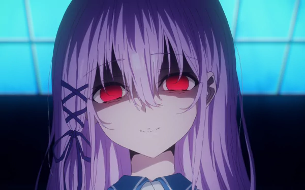 HD anime desktop wallpaper featuring Kisara from Engage Kiss with striking red eyes and purple hair against a glowing blue background.