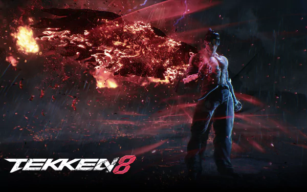 HD PC desktop wallpaper featuring Devil Jin from Tekken 8 unleashing a fiery energy attack in a dark, intense video game scene.