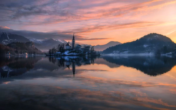 reflection lake bled Slovenia religious Assumption of Mary Church HD Desktop Wallpaper | Background Image