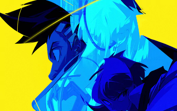 HD anime desktop wallpaper featuring vivid blue and yellow tones from Cyberpunk: Edgerunners, showcasing stylized characters in a dynamic, futuristic cyberpunk style.