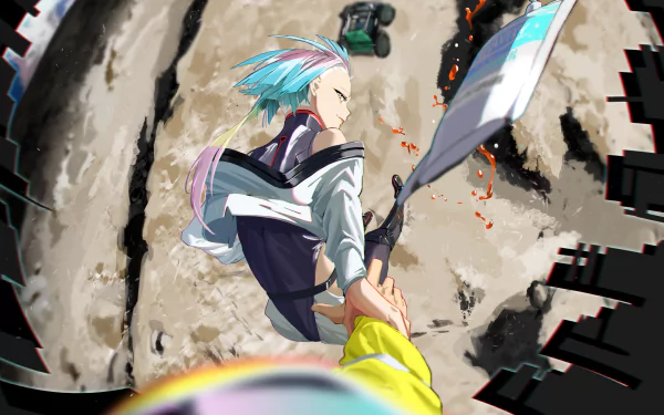 HD desktop wallpaper featuring Lucy from Cyberpunk: Edgerunners in an action-packed scene, showcasing dynamic art and vibrant colors.