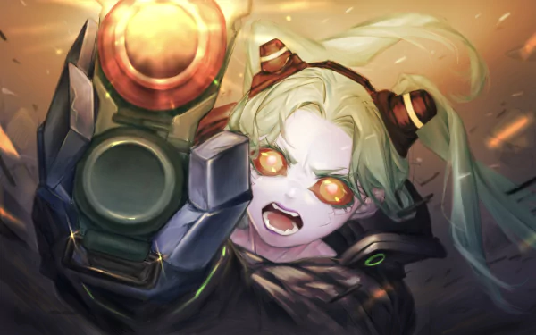 HD desktop wallpaper of Rebecca from Cyberpunk: Edgerunners, depicted with glowing eyes and dynamic pose in a vibrant anime-style Cyberpunk setting.