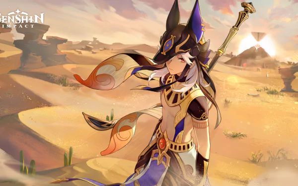 HD PC desktop wallpaper featuring Cyno from Genshin Impact standing in a desert landscape with warm, golden lighting, showcasing detailed character art from the video game.