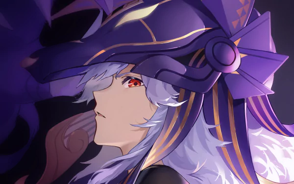 HD PC desktop wallpaper featuring Cyno from the video game Genshin Impact, showcasing his detailed purple-themed helmet and striking red eyes in a close-up profile view.