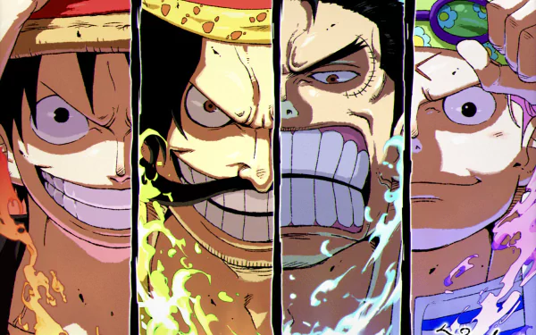 HD anime wallpaper featuring close-up intense expressions of Monkey D. Luffy, Gol D. Roger, Monkey D. Garp, and Koby from One Piece.
