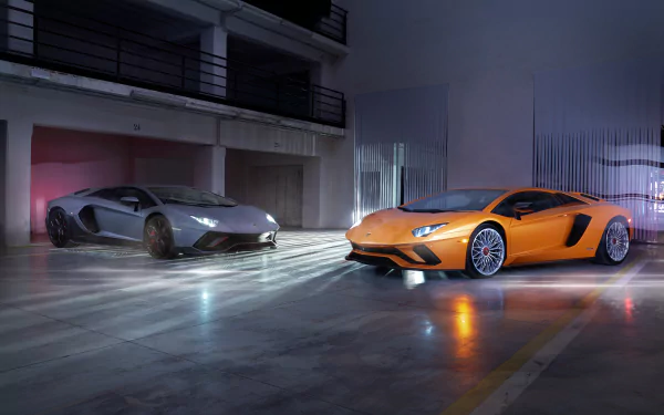 A sleek orange and gray Lamborghini Aventador parked inside a modern garage, captured in sharp detail as a 4K Ultra HD PC desktop wallpaper and background.