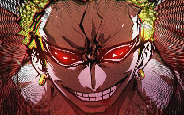 HD PC desktop wallpaper featuring Donquixote Doflamingo from the anime One Piece, showcasing his intense red-eyed glare and menacing smile.