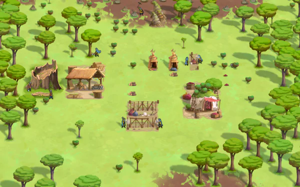 HD desktop wallpaper of 'The Wandering Village' game featuring a charming top-down view of a quaint village with thatched buildings and green trees scattered around.