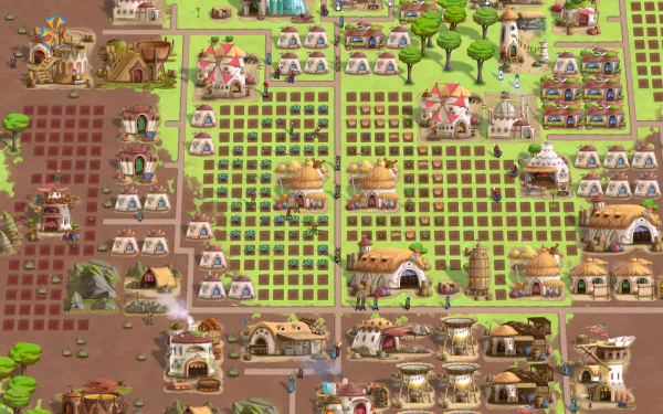 HD desktop wallpaper of The Wandering Village game showcasing a vibrant in-game village layout with buildings and farms.