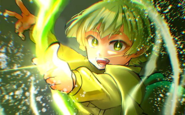 Clara Valac from the anime Mairimashita! Iruma-kun unleashing green magical energy in a dynamic 4K Ultra HD PC desktop wallpaper.