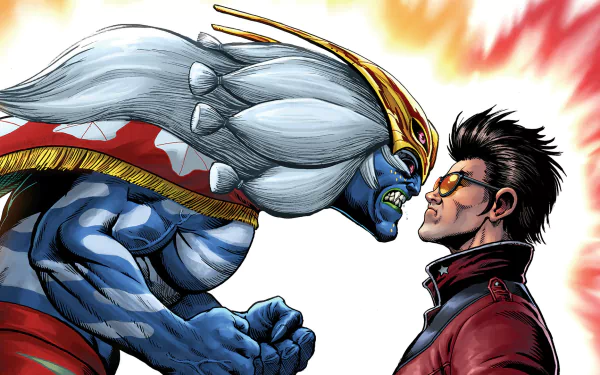 HD PC desktop wallpaper from the video game No More Heroes III, featuring a tense face-off between a muscular blue creature and a man with sunglasses against a fiery background.