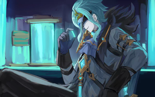 HD PC desktop wallpaper of Il Dottore (Genshin Impact) seated in a teal-lit lab, masked and gloved, holding a vial with glowing panels in the background.