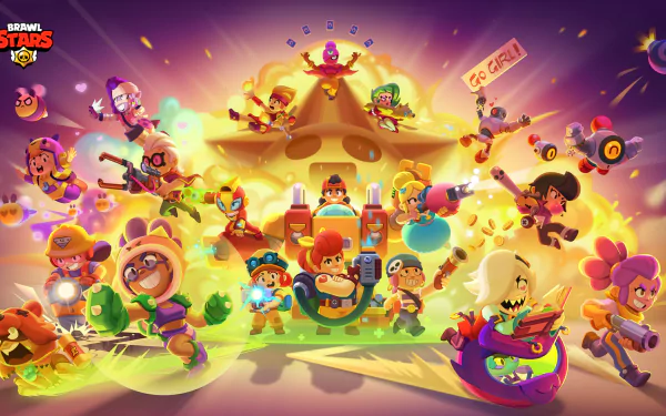 HD PC desktop wallpaper featuring vibrant characters from the video game Brawl Stars in dynamic action poses with a glowing, colorful background.