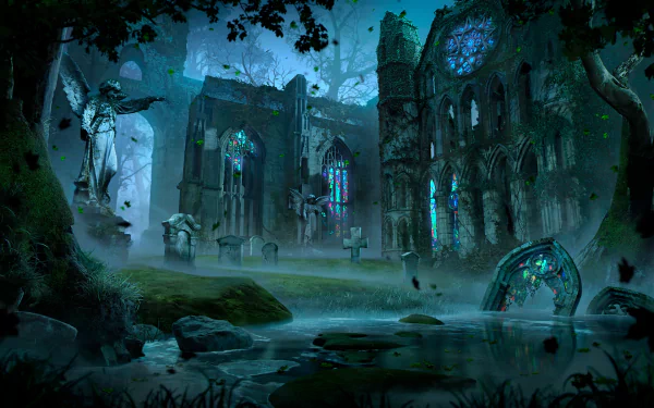 A haunting view of a dark cemetery captured in a high-definition desktop wallpaper.