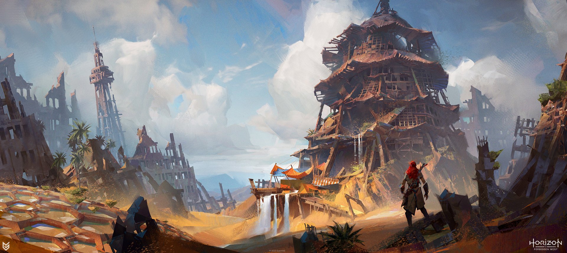HD PC desktop wallpaper from the video game Horizon Forbidden West, featuring expansive landscapes with towering structures and characters exploring the environment.