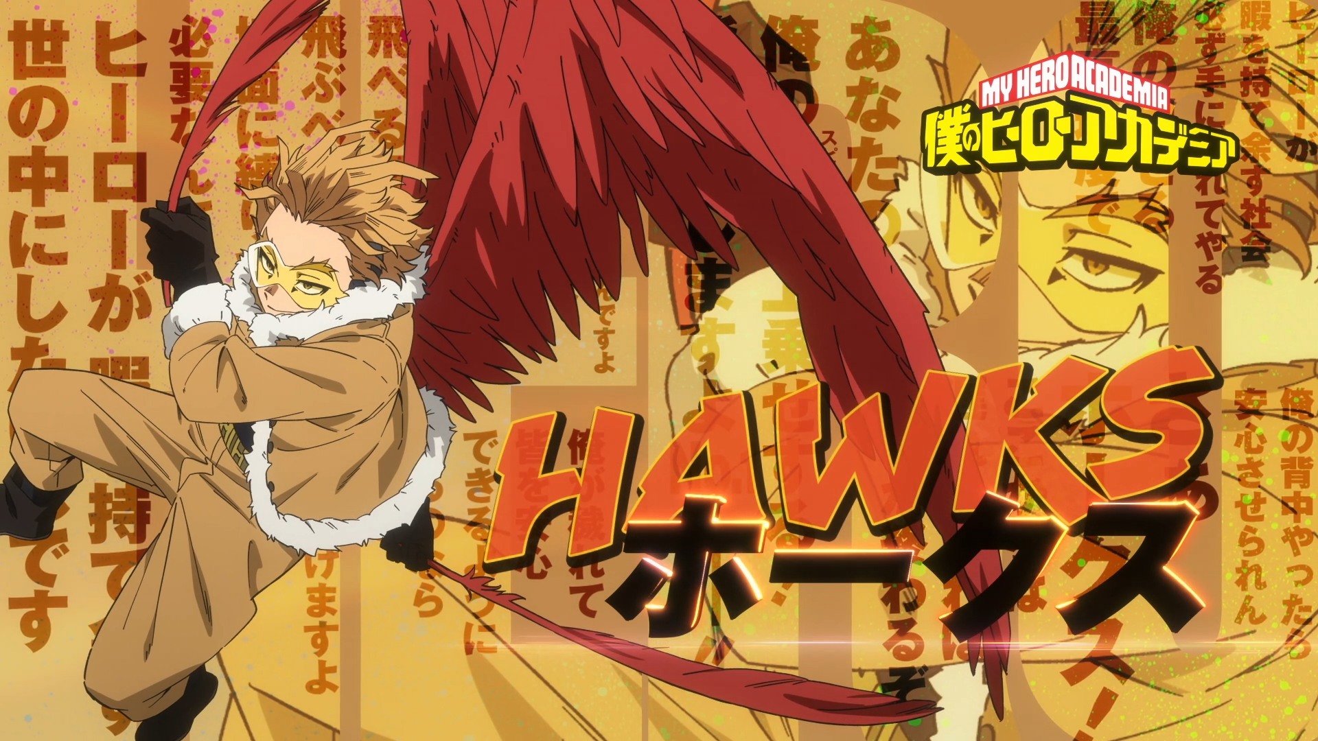 Hawks (Boku No Hero Academia) - anime HD PC desktop wallpaper showing Hawks with red wings spread over Japanese text, large HAWKS title and My Hero Academia logo.