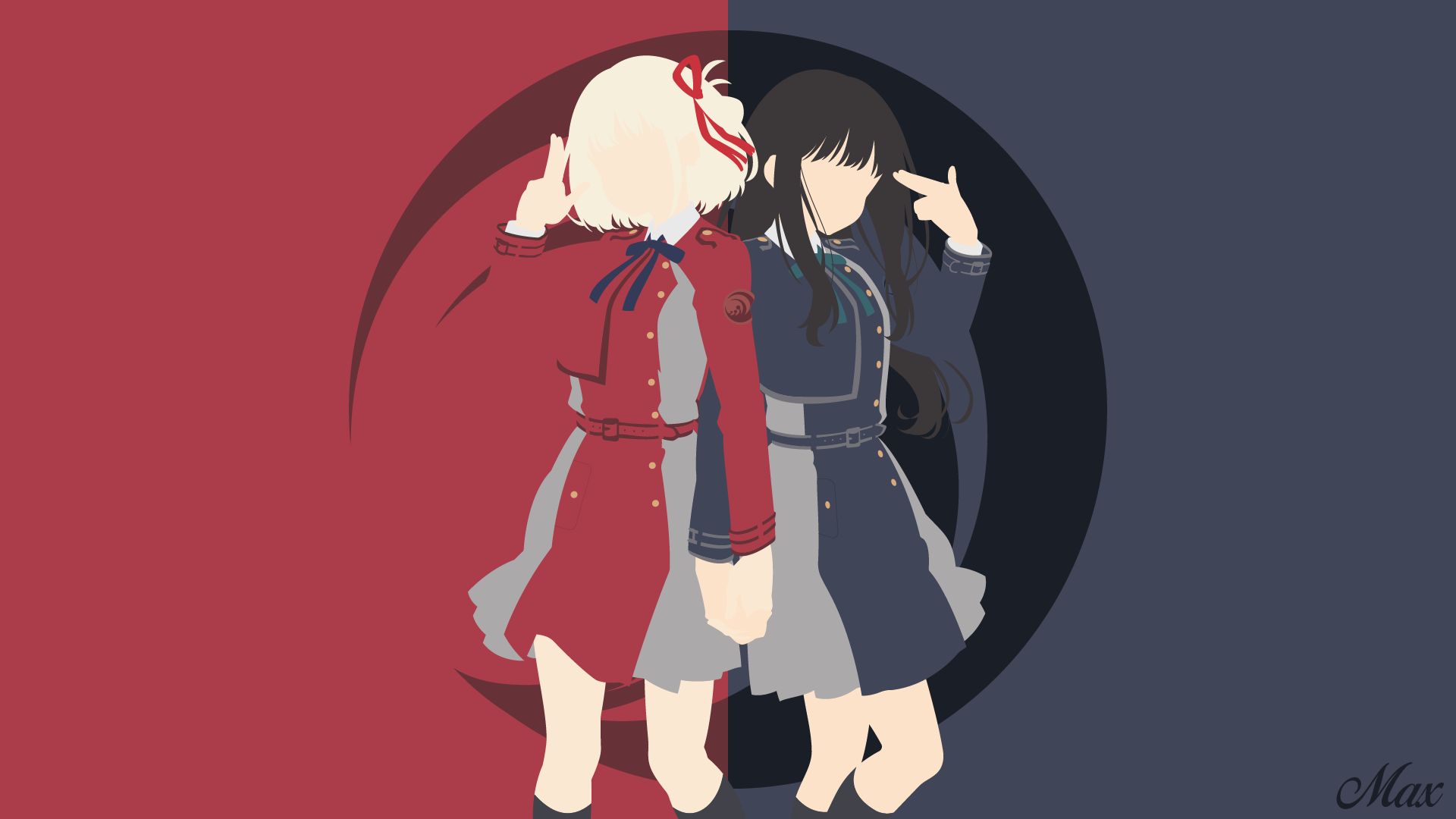 HD anime desktop wallpaper featuring Takina Inoue and Chisato Nishikigi from Lycoris Recoil in contrasting red and black outfits with a yin-yang inspired background.