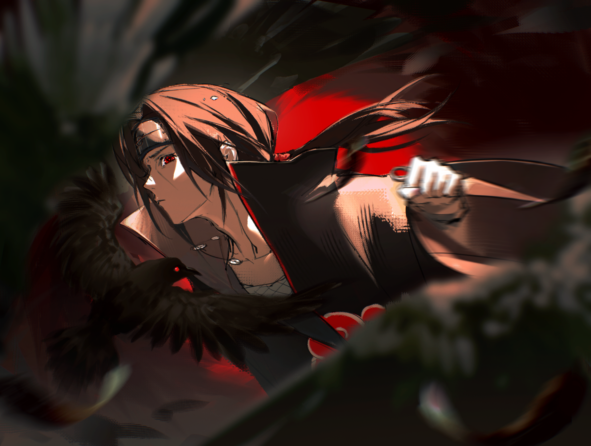HD PC desktop wallpaper of Itachi Uchiha from the anime Naruto, depicted in a dynamic pose with a dark, intense background.
