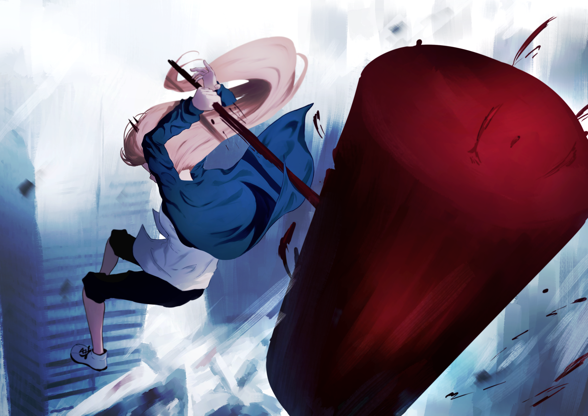 Power (Chainsaw Man) midair swing with a blood-red club in a dynamic anime scene — 2K Quad HD PC Desktop Wallpaper and Background