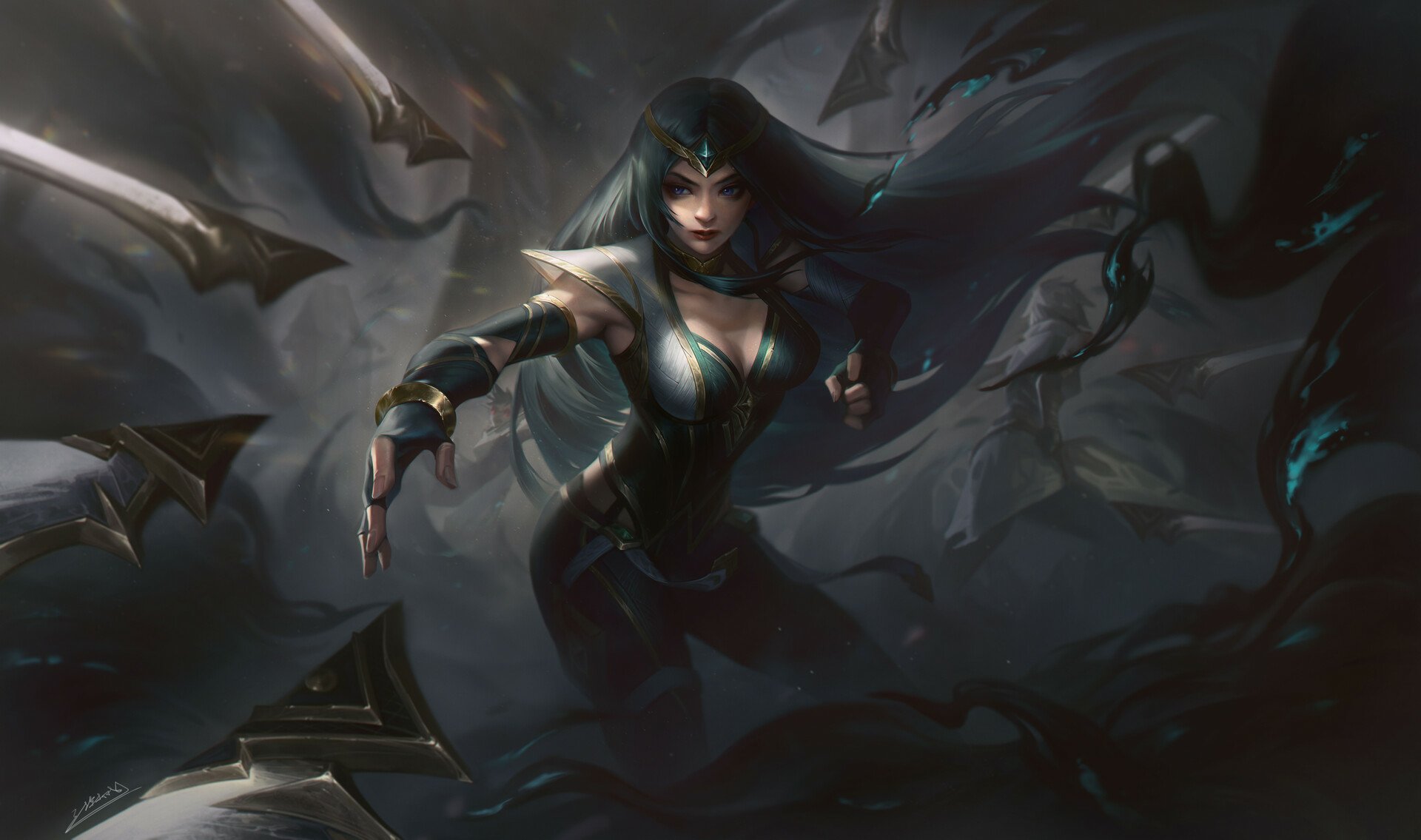 Irelia (League of Legends) in a dynamic midair pose, blades swirling around her in a dark, stormy scene — HD PC desktop wallpaper/background from the League of Legends video game.