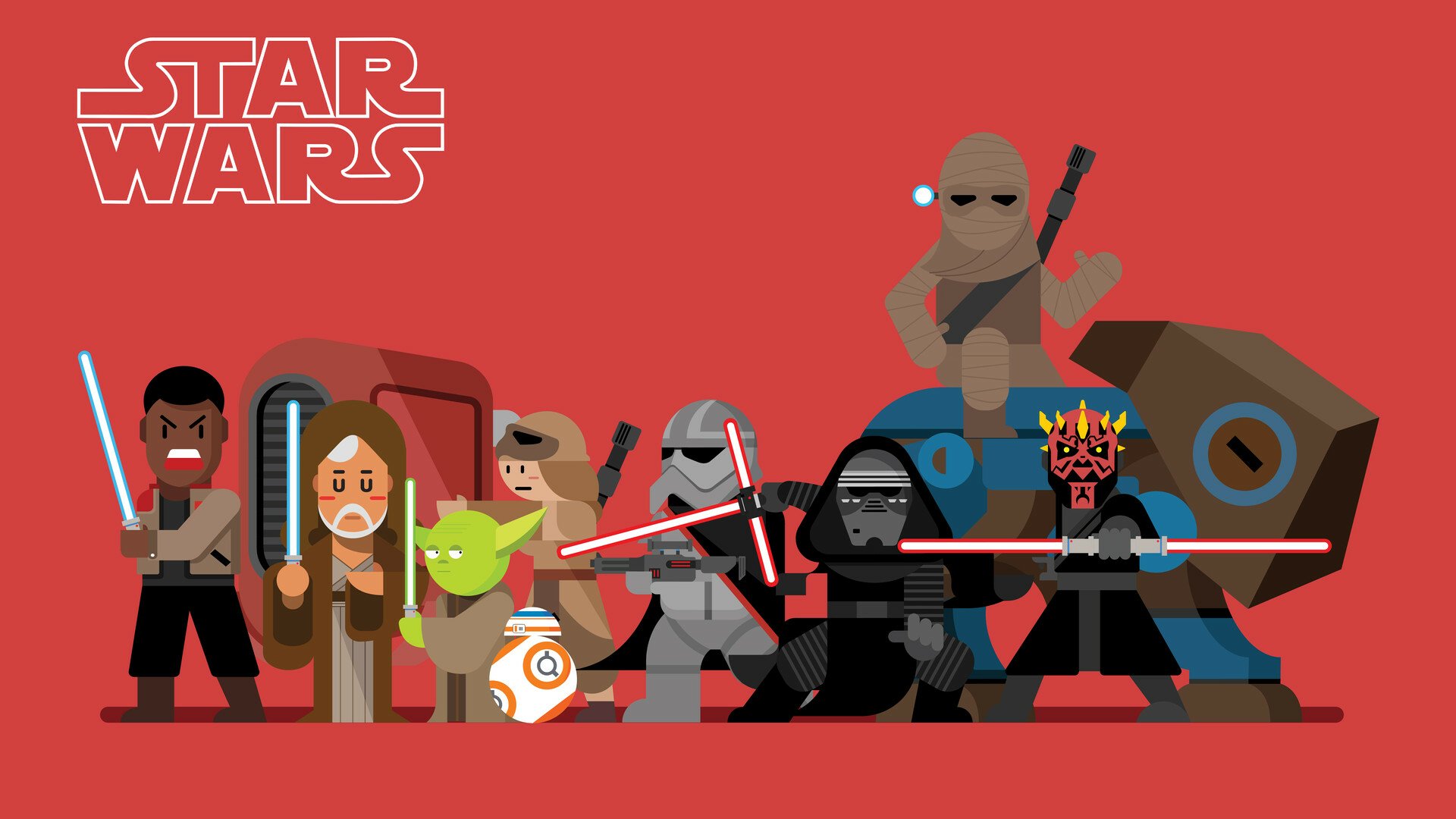 Star Wars Sci‑Fi HD PC desktop wallpaper: stylized chibi lineup of Jedi, Yoda, BB‑8, armored Mandalorian‑style figures and masked villains on a red background.