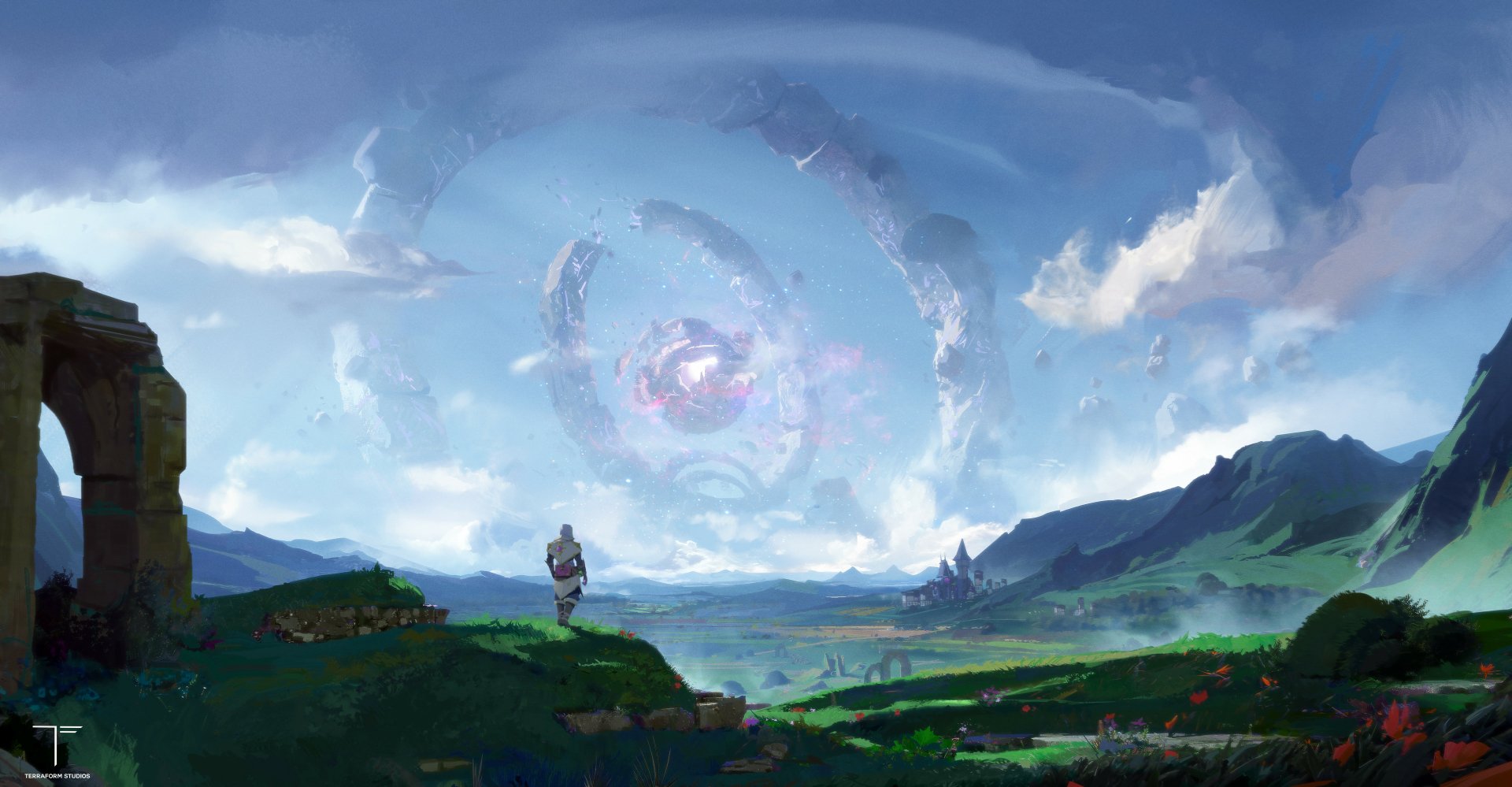 2K Quad HD PC sci-fi landscape wallpaper: lone traveler on grassy cliffs overlooks a lush valley and distant mountains, a massive spiraling cosmic vortex dominates the bright blue sky.