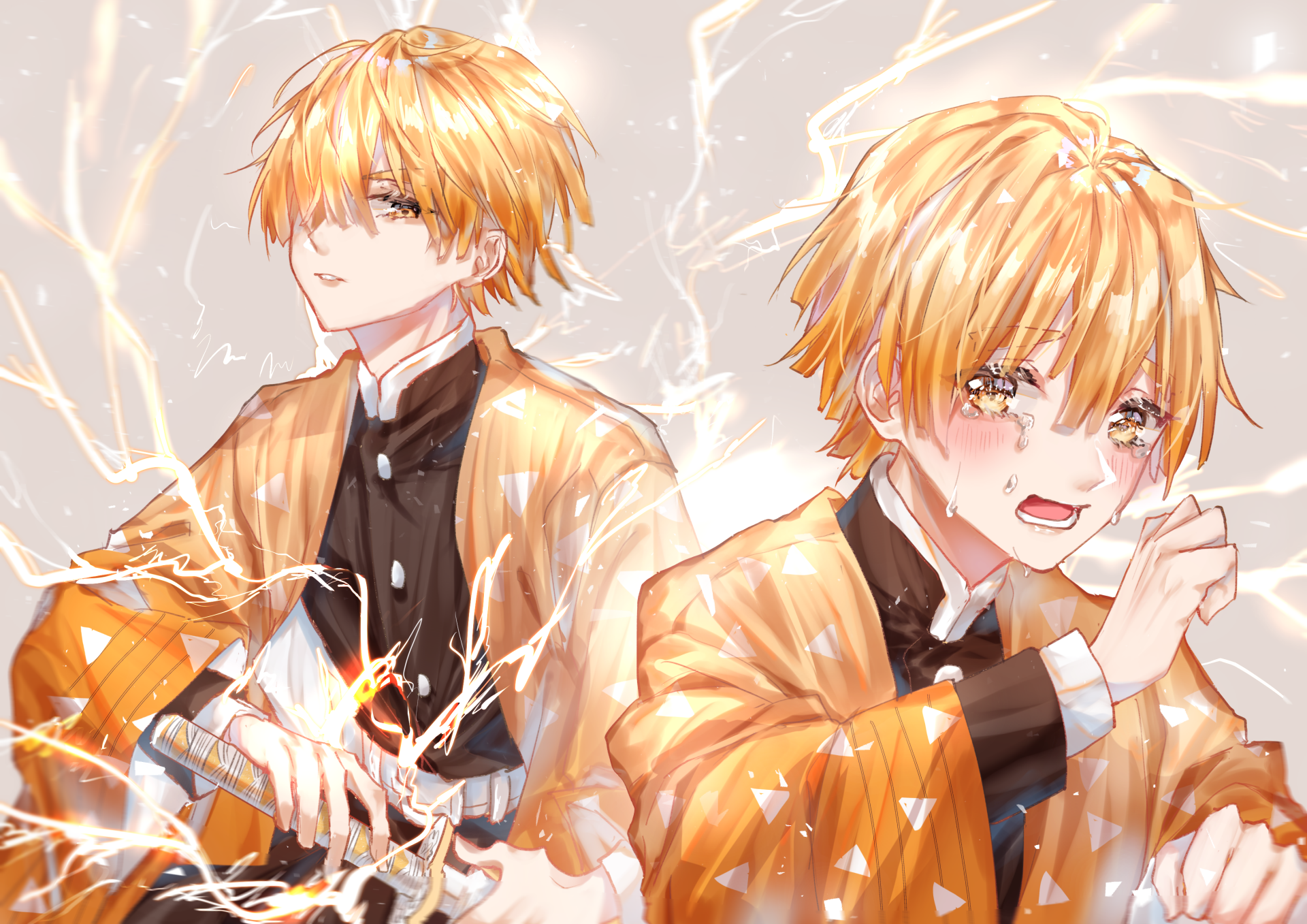 HD desktop wallpaper featuring Zenitsu Agatsuma from the anime Demon Slayer: Kimetsu no Yaiba, depicted with lightning effects and emotional expression.