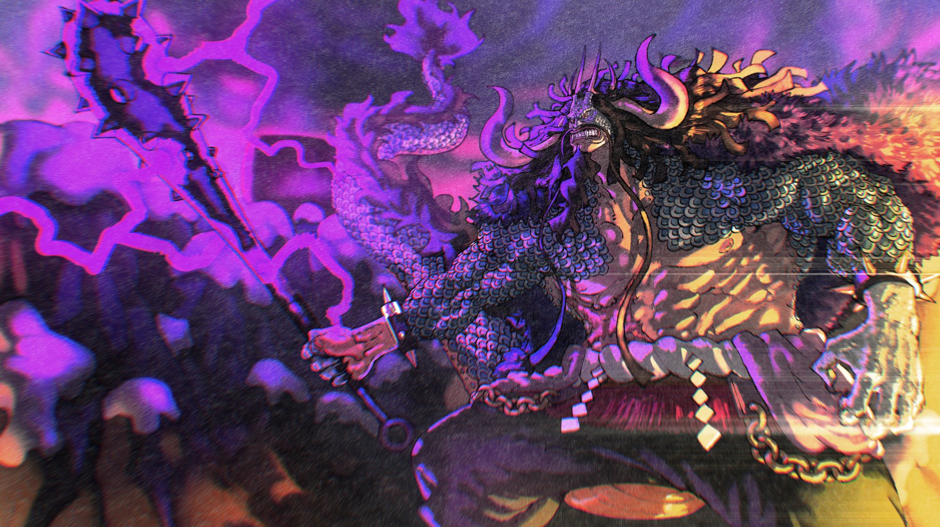 Kaido (One Piece) in a storm of purple lightning, armored scales and horned helmet, wielding his kanabo — Anime 4K Ultra HD PC desktop wallpaper and background.