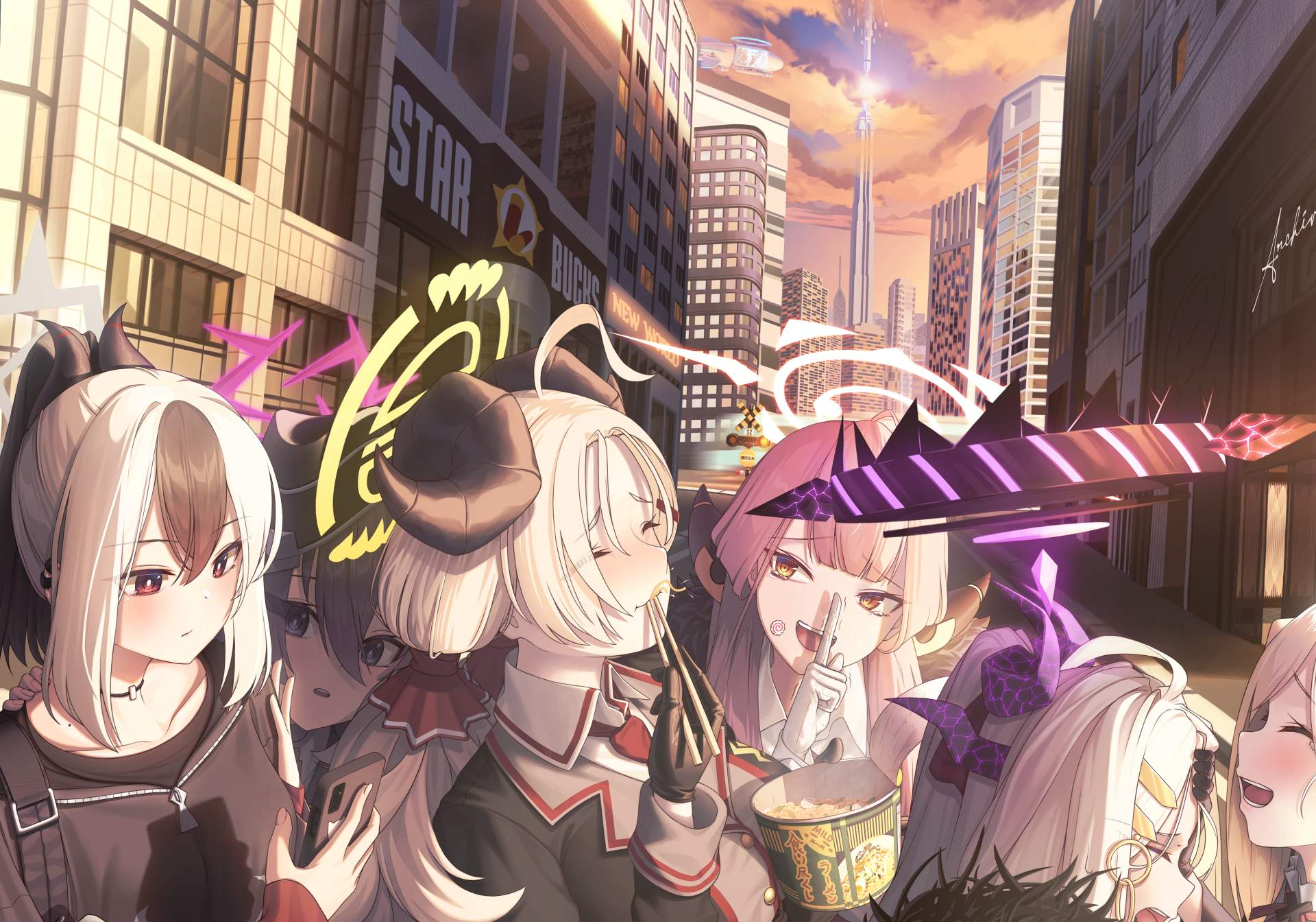 4K Ultra HD Blue Archive video game wallpaper featuring four anime-style characters standing on a city street at sunset, showcasing vibrant colors and detailed urban background.