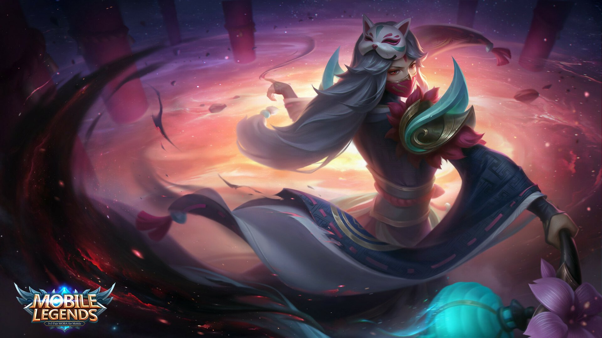 HD PC desktop wallpaper/background of the video game Mobile Legends: Bang Bang: a masked, robed hero with glowing teal armor conjuring swirling purple-pink magic.