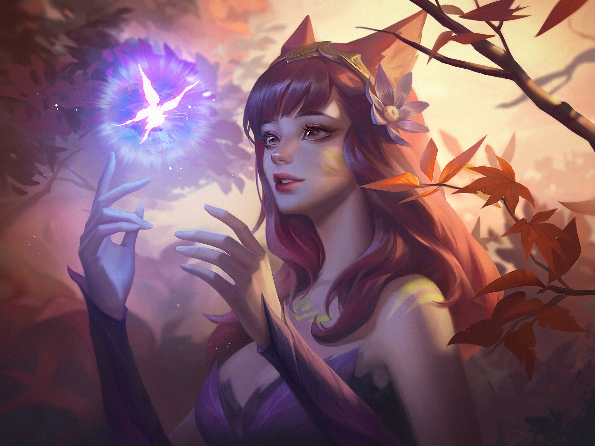 HD PC wallpaper of Ahri (League of Legends), fox-like mage in autumn woods with a glowing blue spirit above her hand — video game League of Legends artwork.