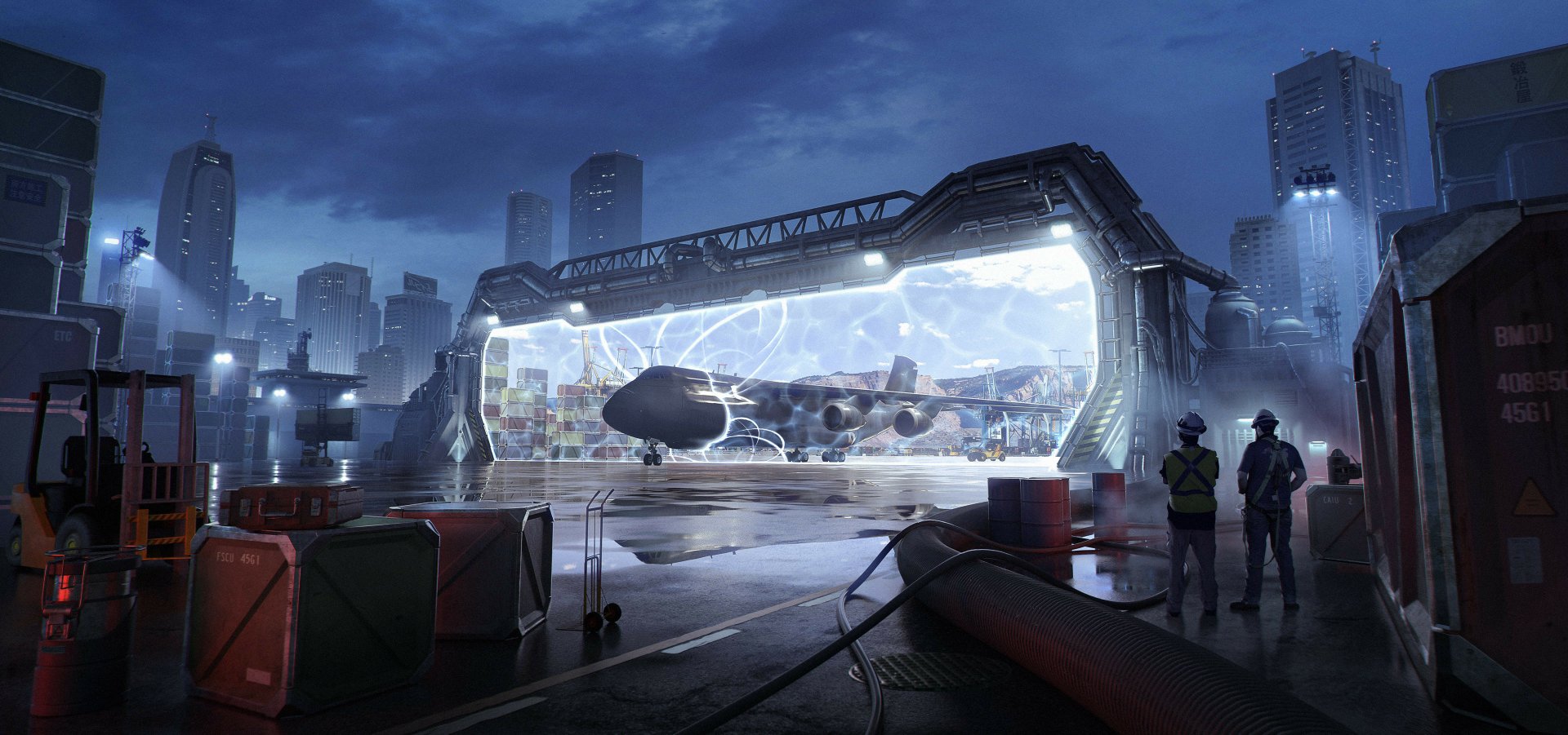 Sci Fi futuristic HD PC desktop wallpaper/background: rainy city hangar with glowing forcefield, a sleek starship inside, silhouetted crew on wet tarmac beneath neon skyline.