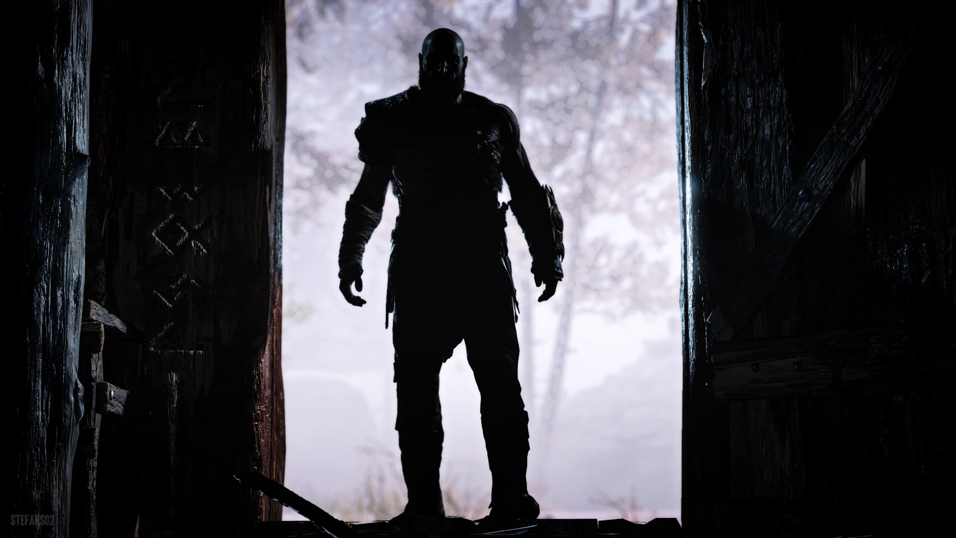 Silhouetted figure of Kratos from God of War (2018) stands framed by an open doorway, rendered in stunning 4K Ultra HD for PC desktop wallpaper.