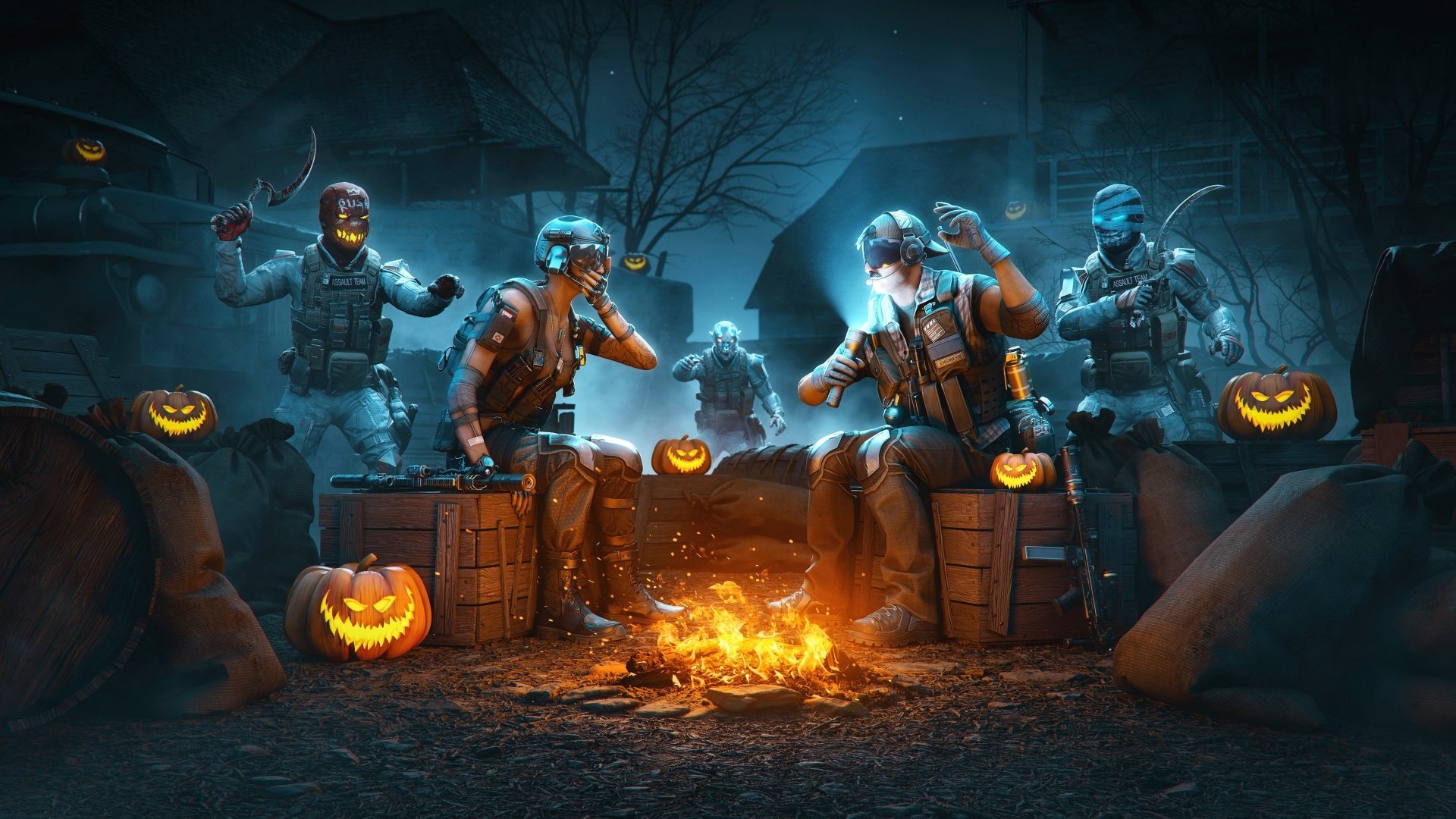 Playerunknown's Battlegrounds Halloween gaming 4K Ultra HD PC wallpaper: armed survivors gathered around a campfire, glowing jack-o'-lanterns and fog under a moonlit, eerie battleground.