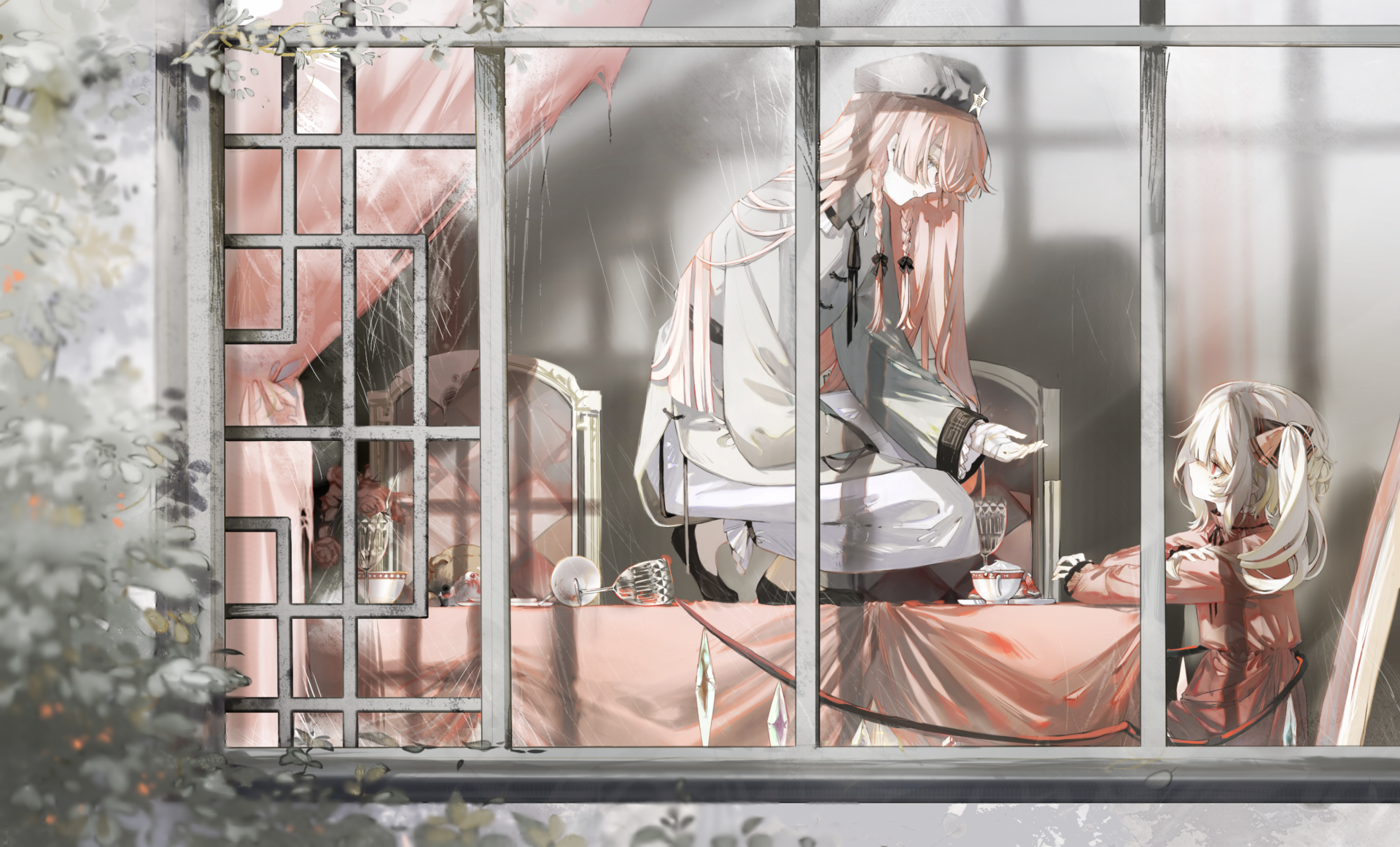 4K Ultra HD PC desktop wallpaper of Touhou anime: Hong Meiling and Flandre Scarlet in a melancholic room, Hong at the bedside, soft muted palette with window grid foreground.