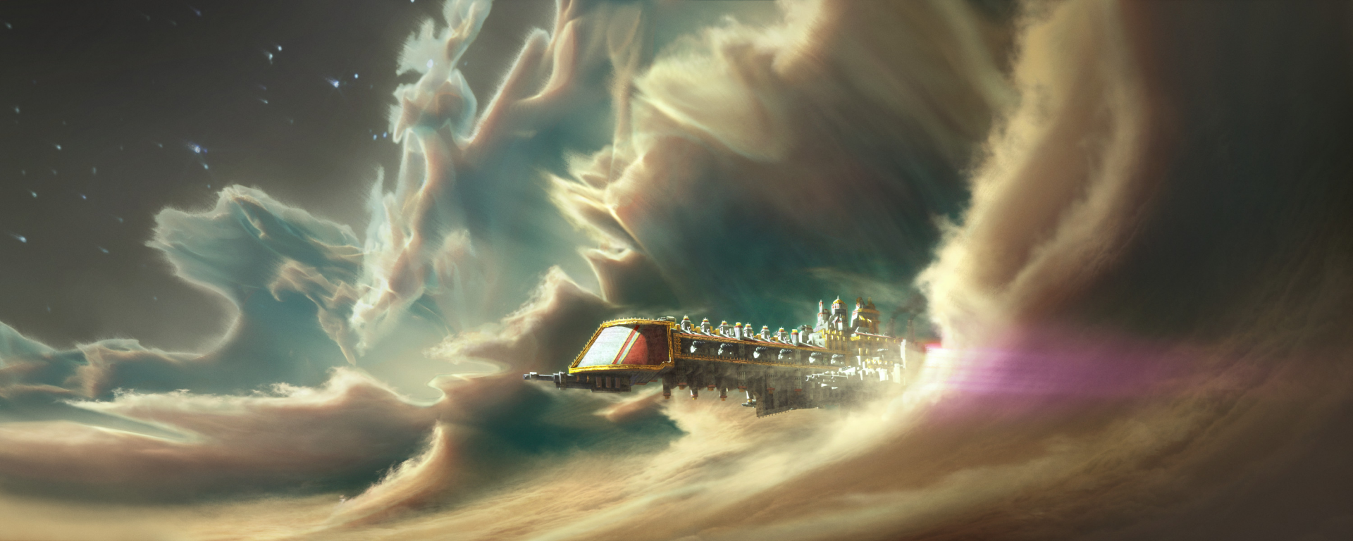 HD PC desktop wallpaper depicting a Warhammer 40k-inspired vehicle emerging through dramatic, swirling clouds in a video game-themed sci-fi landscape.