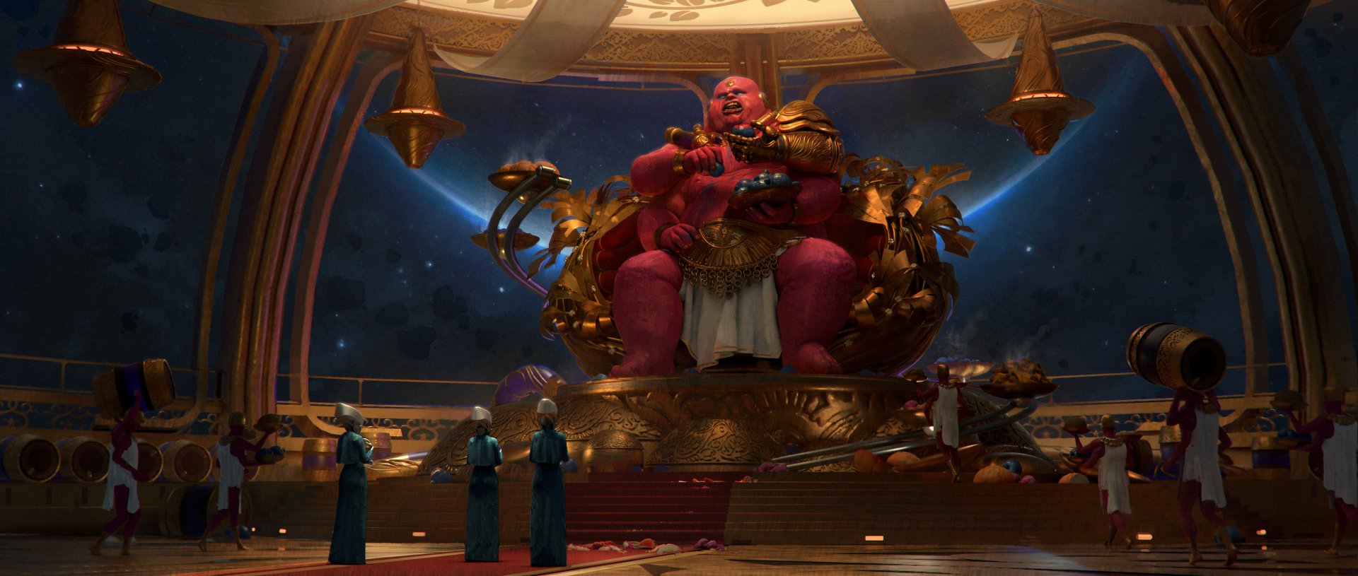 Sci-Fi alien overlord in a golden throne inside a vast ceremonial chamber, robed figures in the foreground — 2K Quad HD PC desktop wallpaper/background.