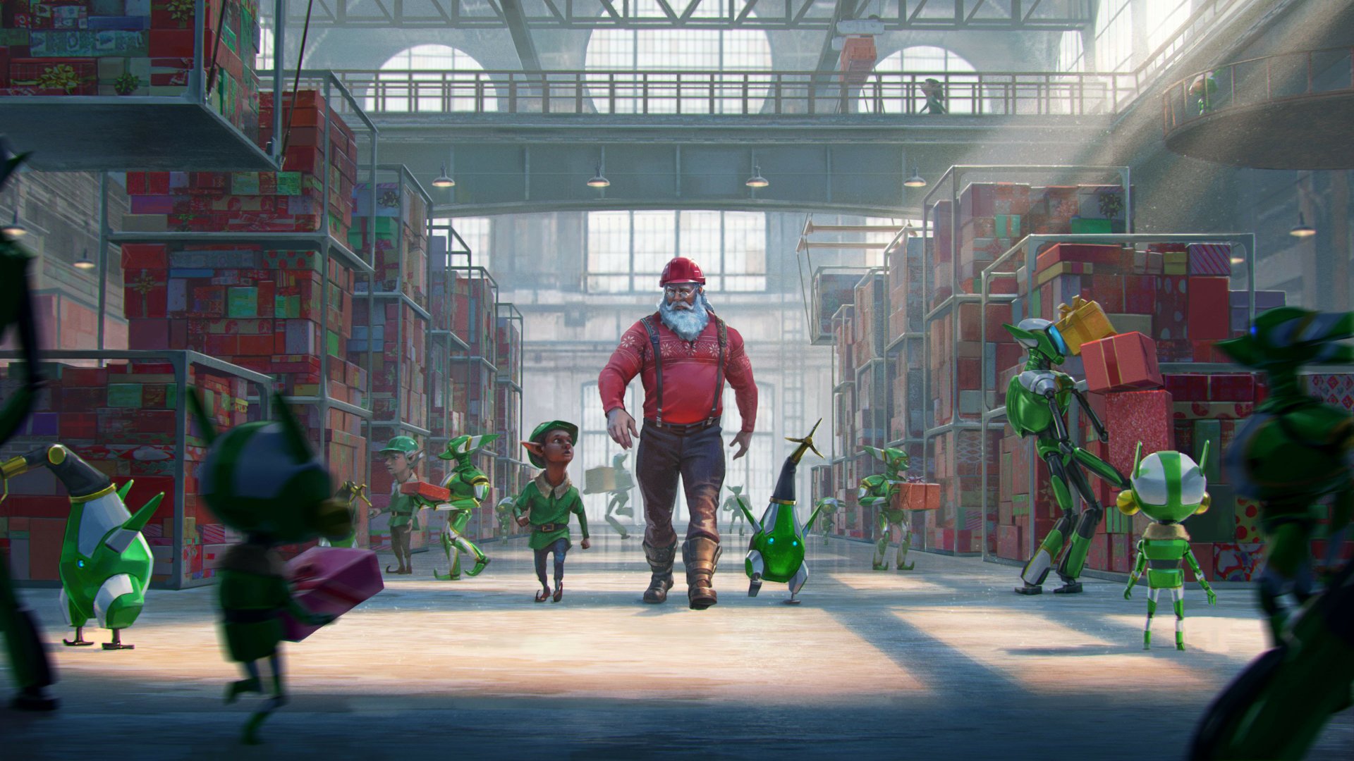 4K Ultra HD PC Desktop wallpaper and background: Santa strides down a sunlit Christmas warehouse aisle, surrounded by busy elves and green helpers packing holiday presents.