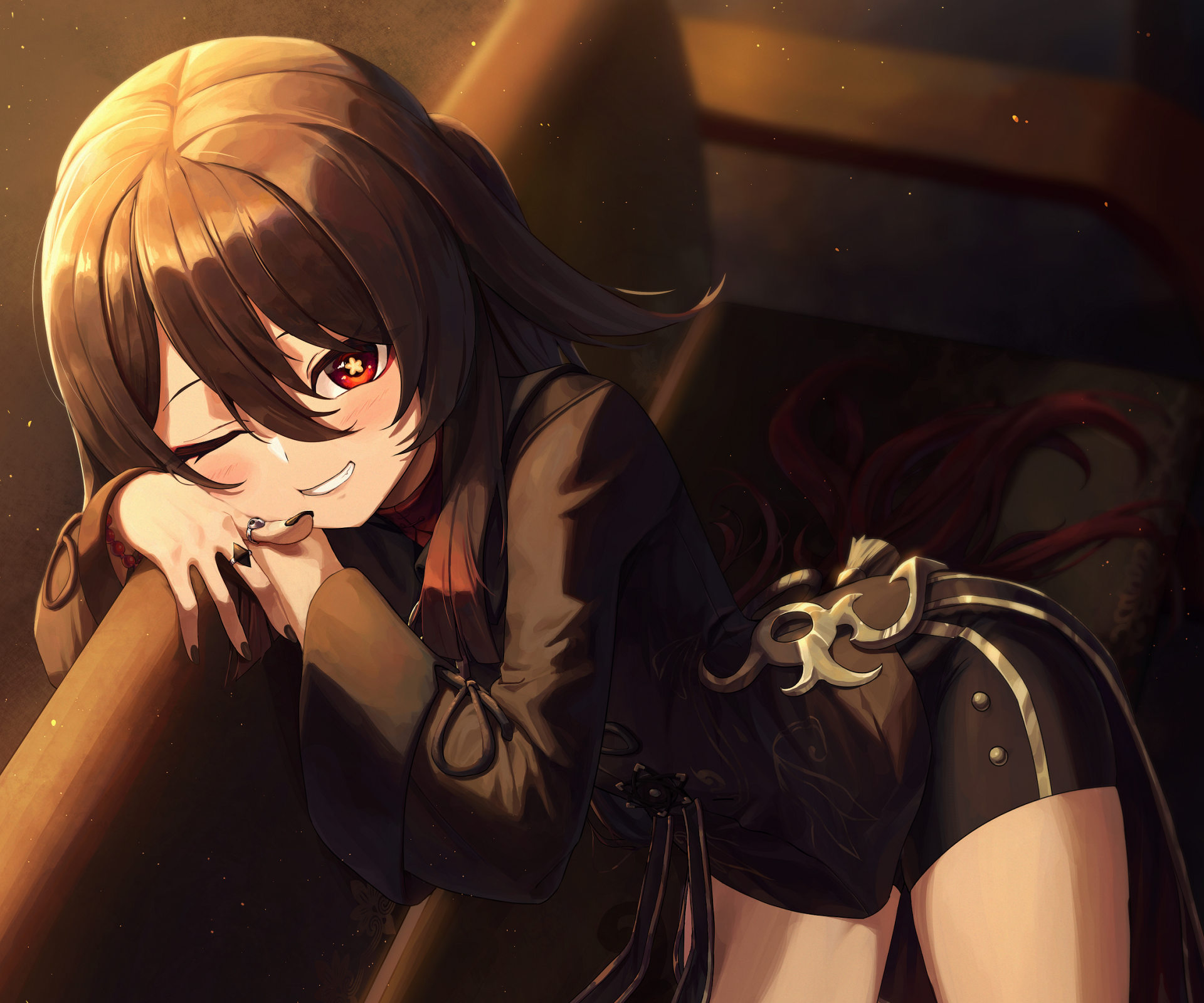 HD PC desktop wallpaper featuring Hu Tao from the video game Genshin Impact, showcasing her playful expression and detailed outfit in warm lighting.