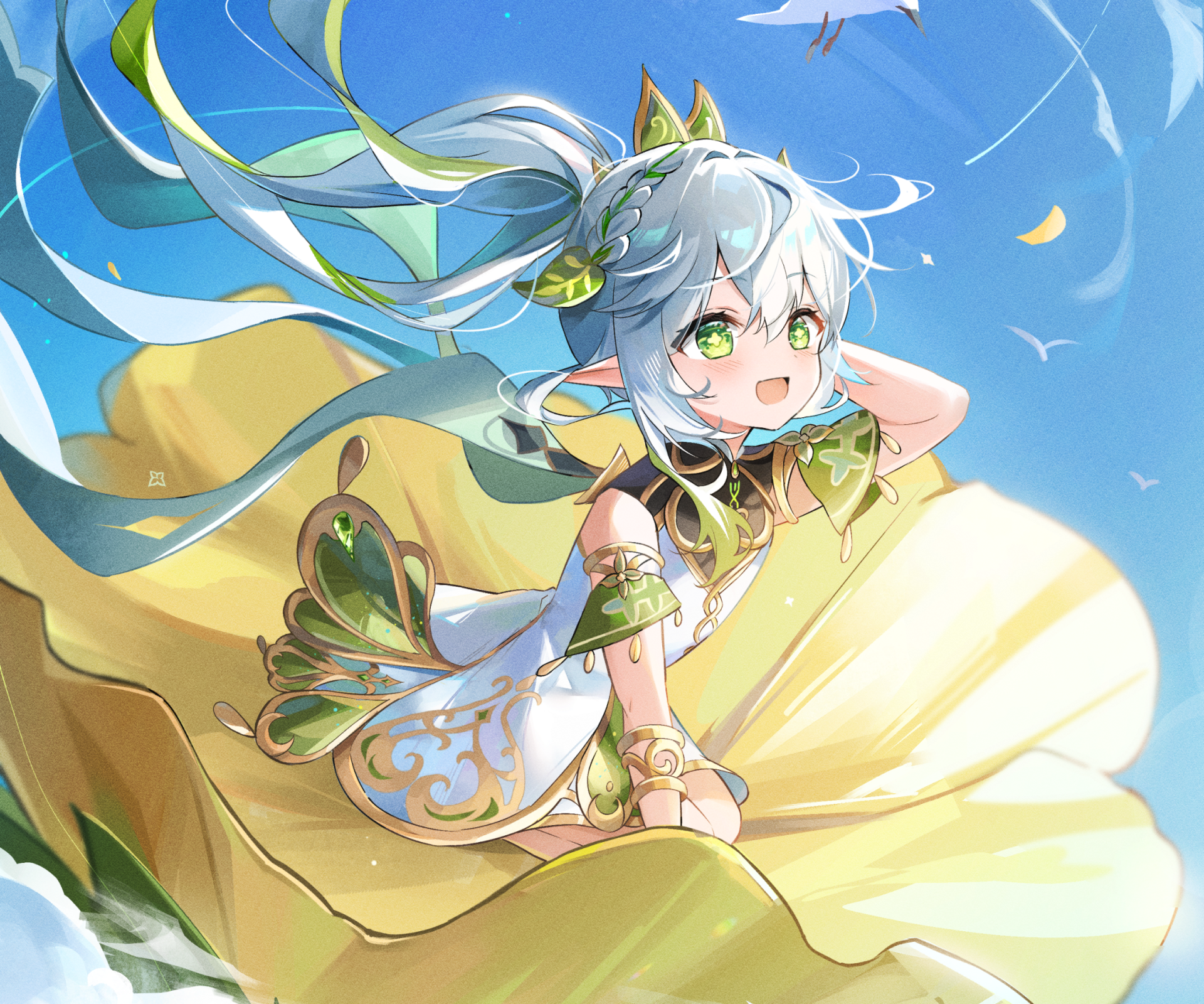 HD PC desktop wallpaper featuring Nahida from the video game Genshin Impact, showcasing her bright, cheerful expression against a clear blue sky background.