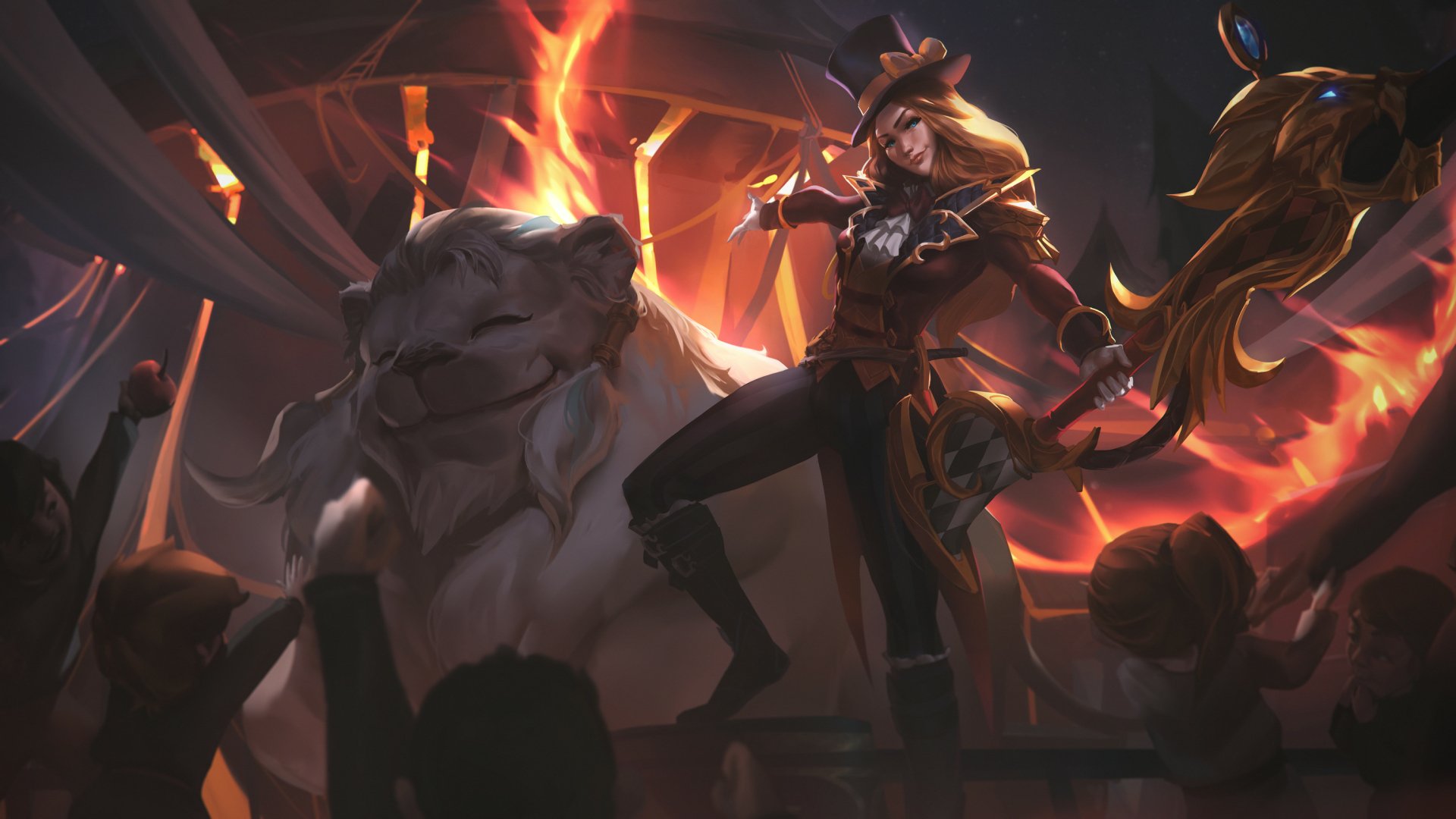 Caitlyn (League of Legends) video game 2K Quad HD PC wallpaper: Caitlyn in hat and coat, rifle poised beside a massive armored hound against a dramatic fiery background.