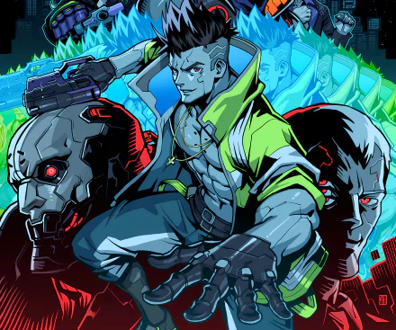 HD PC wallpaper featuring David from the anime Cyberpunk: Edgerunners in a dynamic pose, surrounded by vibrant neon blue and red cyberpunk elements.