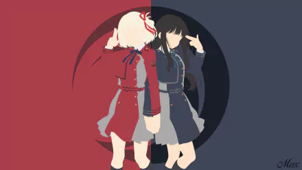 HD anime desktop wallpaper featuring Takina Inoue and Chisato Nishikigi from Lycoris Recoil in contrasting red and black outfits with a yin-yang inspired background.