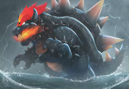 HD PC desktop wallpaper of Bowser (video game, Super Mario 3D World): massive spiked-shelled villain breathing fire amid stormy rain and crashing waves.