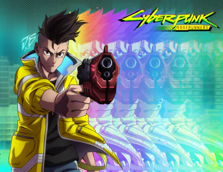 HD PC desktop wallpaper of David from the anime Cyberpunk: Edgerunners, featuring vivid colors and a dynamic pose with a gun against a futuristic background.