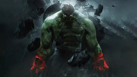 4K Ultra HD comic-style wallpaper featuring the Hulk rising amid dark, shattered debris with glowing red fists on a PC desktop background.