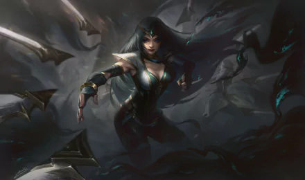 Irelia (League of Legends) in a dynamic midair pose, blades swirling around her in a dark, stormy scene — HD PC desktop wallpaper/background from the League of Legends video game.