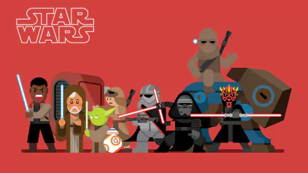 Star Wars Sci‑Fi HD PC desktop wallpaper: stylized chibi lineup of Jedi, Yoda, BB‑8, armored Mandalorian‑style figures and masked villains on a red background.